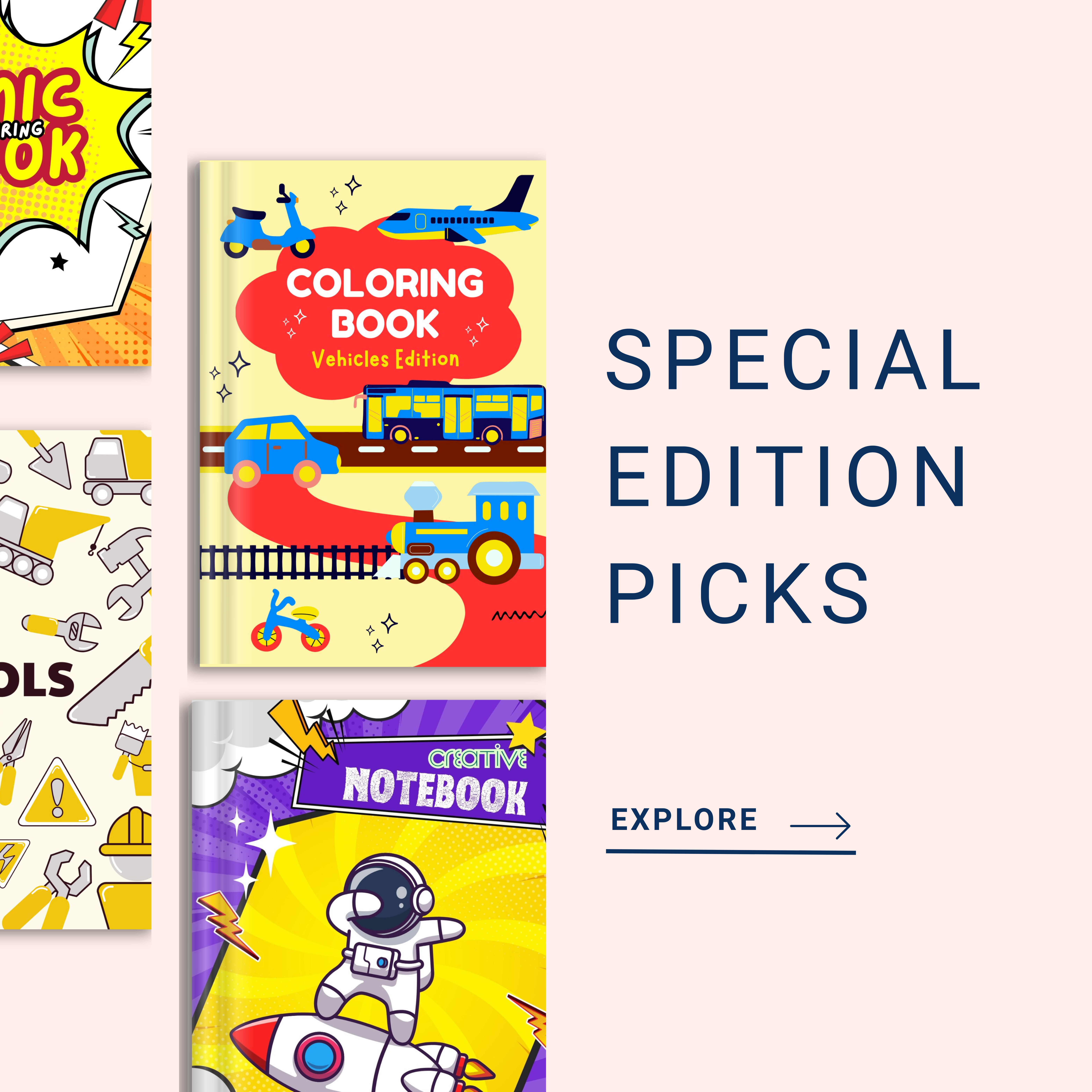 Banner featuring special edition coloring books with unique and limited designs